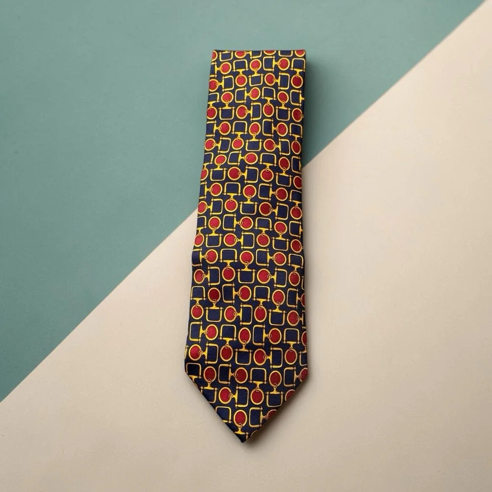 Paolo Gucci Silk Necktie Navy Red Gold Equestrian Horse Bit Geometric Classic